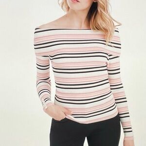 White House Black Market Pink Black White Striped Off-the-Shoulder Sweater
